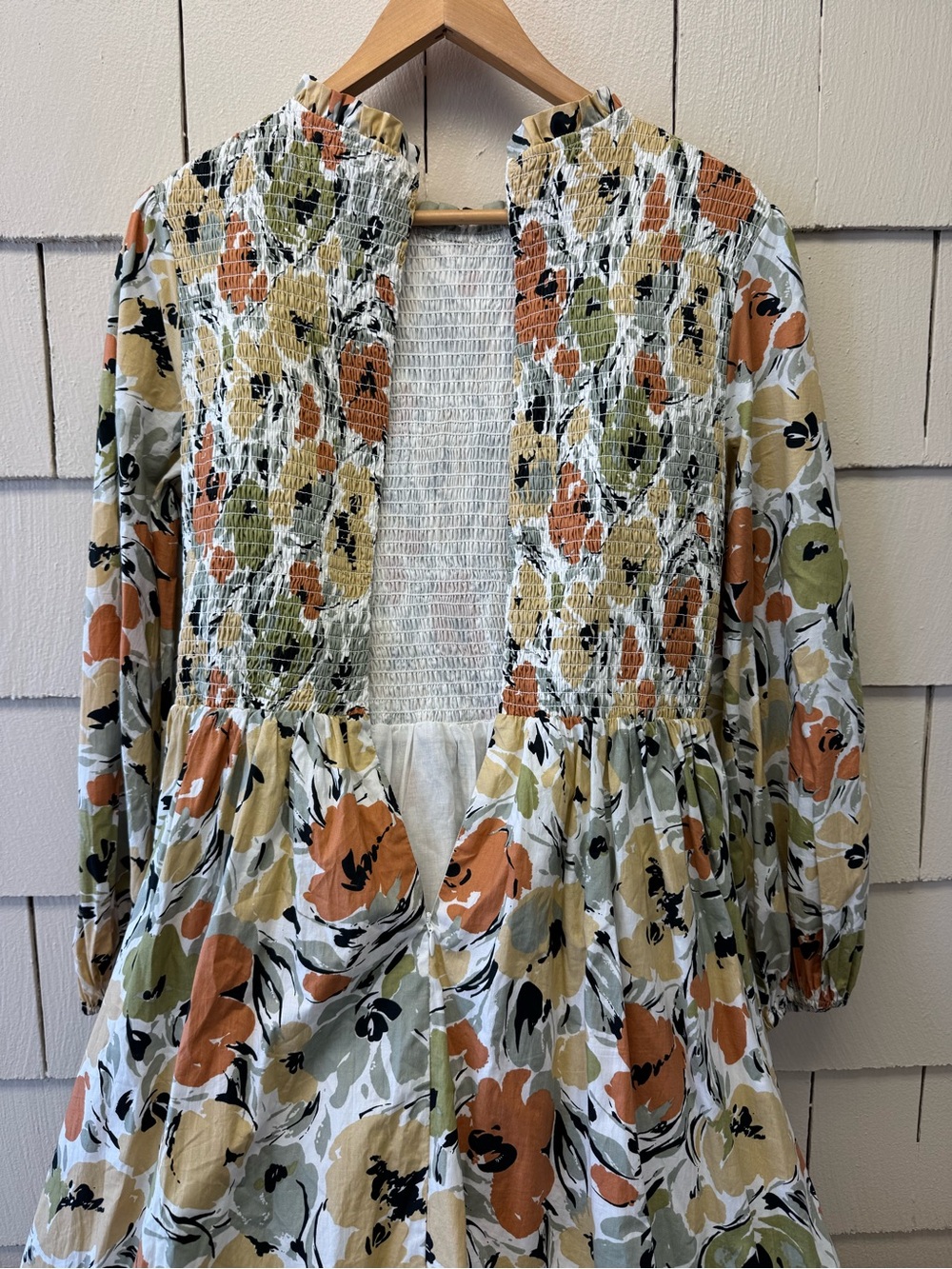 Jessakae Floral Long Sleeve Mock Neck Smocked Bodice Midi Dress Size L Fall - Picture 5 of 7